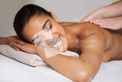 Image of Happy woman, sleeping or hands for back massage in hotel to relax for zen resting or wellness physical therapy. Smile or girl in salon for body healing treatment or natural holistic detox by masseuse