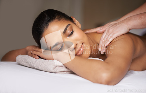 Image of Woman, sleeping or hands for back massage in hotel to relax for zen resting or wellness physical therapy. Face of girl in salon spa for body healing treatment or natural holistic detox by masseuse