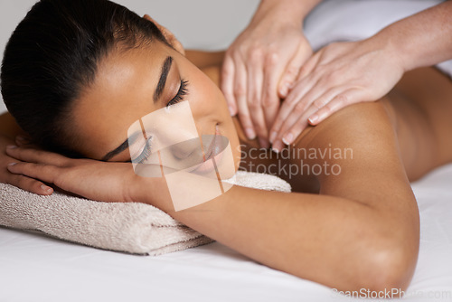 Image of Woman, eyes closed or hands for back massage in hotel to relax for zen resting or wellness physical therapy. Face of girl in salon spa for body healing, sleeping or natural holistic detox by masseuse