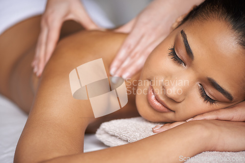 Image of Girl, sleeping or hands for back massage in spa to relax for zen resting or wellness physical therapy. Calm woman in hotel salon for body healing treatment or natural holistic detox by masseuse