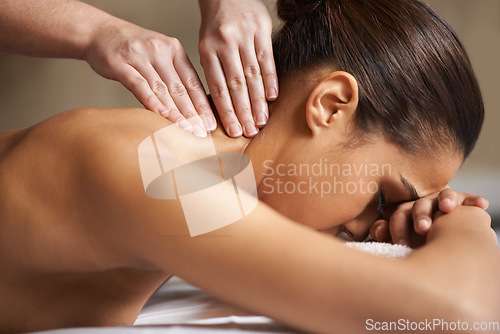 Image of Woman, client or hands for neck massage in hotel spa to relax for zen resting or wellness physical therapy. Face of girl in salon for body healing, sleeping or natural holistic detox by masseuse