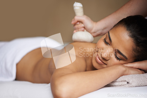 Image of Girl, hot balls or hands for back massage in salon to relax for zen resting or wellness in physical therapy healing. Woman in spa for sleeping or natural holistic body detox by masseuse to compress