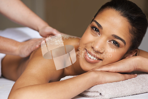 Image of Portrait of happy woman, body scrub or back massage to relax for zen resting or wellness physical therapy in spa. Smile or girl client in salon to exfoliate for luxury skincare treatment or beauty