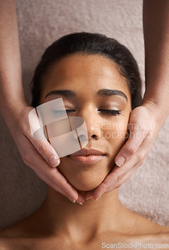 Image of Woman sleeping, hands or head massage to relax for zen resting or wellness physical therapy in spa. Above face of girl in salon to exfoliate for facial healing treatment, beauty or holistic detox