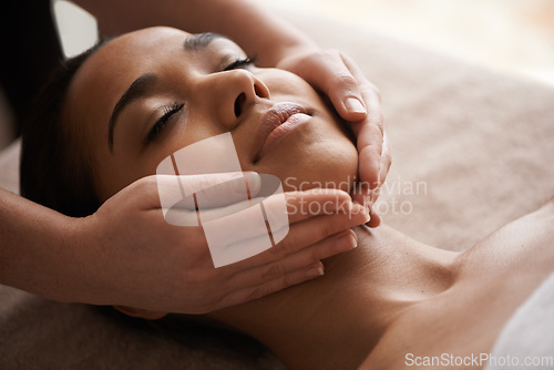 Image of Girl sleeping, hands or head massage to relax for zen resting or wellness physical therapy in luxury spa. Face of woman in salon to exfoliate for facial healing treatment, beauty or holistic detox