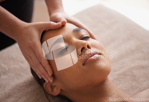Image of Girl, hands or head massage to relax in spa for zen resting, sleeping wellness or luxury physical therapy. Face of woman in salon to exfoliate for facial healing treatment, beauty or holistic detox