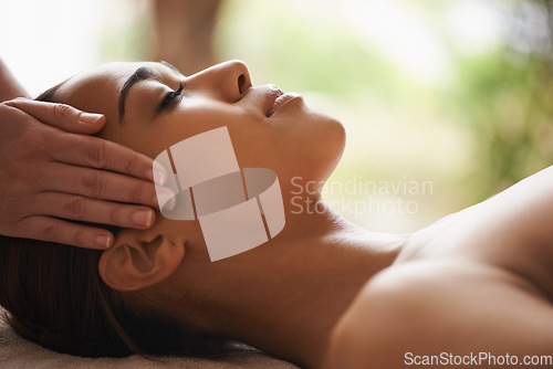 Image of Woman, hands or head massage to relax in spa for zen resting, sleeping wellness or luxury physical therapy. Face of girl in salon to exfoliate for facial healing treatment, beauty or holistic detox