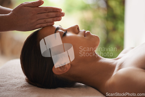 Image of Girl, hands or head massage in spa hotel for zen resting, sleeping wellness or relaxing physical therapy. Calm, eyes closed or woman in beauty salon to exfoliate for facial healing treatment or detox