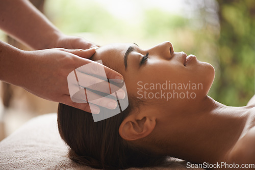 Image of Girl, hands or head massage in hotel spa for zen resting, sleeping wellness or relaxing physical therapy. Calm, eyes closed or woman in beauty salon to exfoliate for facial healing treatment or detox