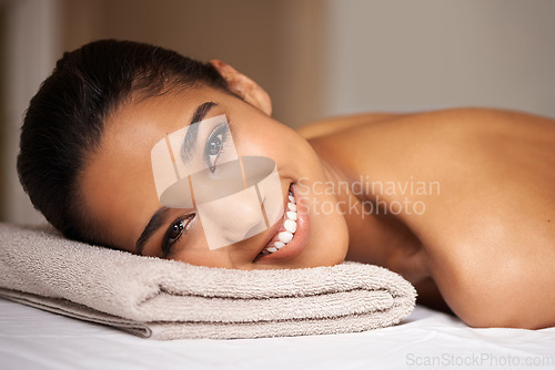 Image of Portrait of girl, smile or massage to relax for zen resting or wellness physical therapy in spa hotel. Face of happy woman in salon to exfoliate for body healing treatment or holistic detox therapy