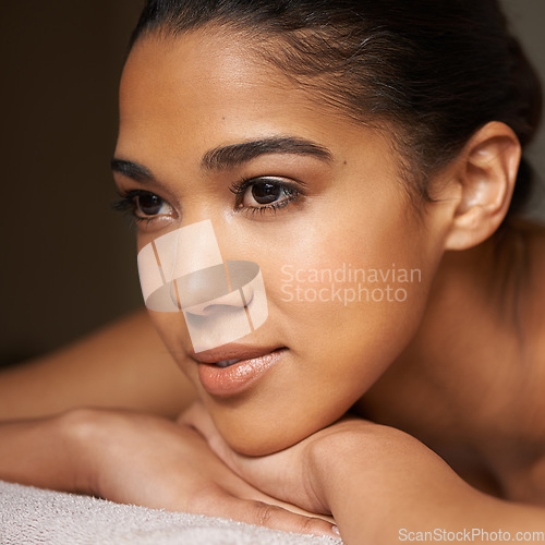 Image of Woman thinking, face or massage to relax for zen resting or wellness physical therapy in spa hotel. Luxury, skincare or girl dreaming of salon ideas for body healing treatment or holistic detox