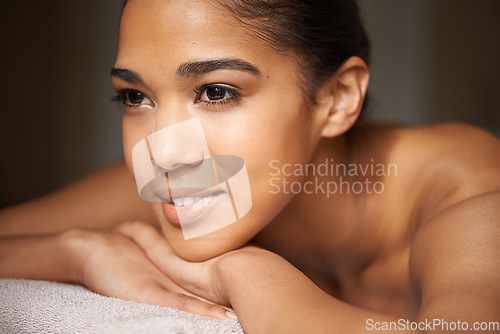 Image of Woman thinking, smile or massage to relax for zen resting or wellness physical therapy in spa hotel. Face of thoughtful woman dreaming of salon ideas for body healing treatment or holistic detox