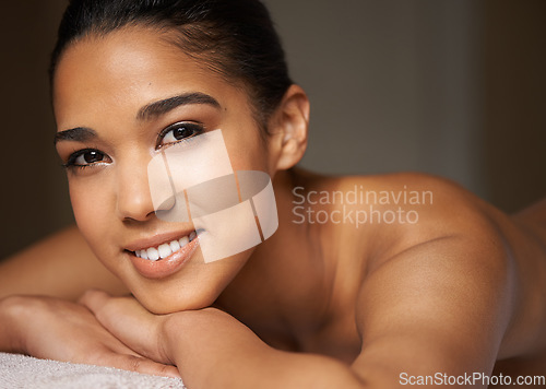 Image of Happy woman, face portrait or massage to relax for zen resting or wellness physical therapy in spa. Smile, skincare beauty or girl in luxury salon for body healing treatment or holistic detox