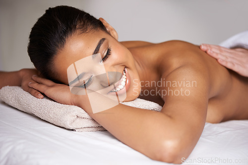 Image of Happy girl, sleeping or hands for back massage in hotel to relax for zen resting or wellness physical therapy. Smile or woman salon for body healing treatment or natural holistic detox by masseuse