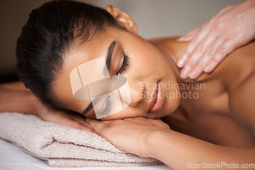 Image of Girl, eyes closed or hands for back massage in hotel to relax for zen resting or wellness physical therapy. Face of woman in salon spa for body healing, sleeping or natural holistic detox by masseuse