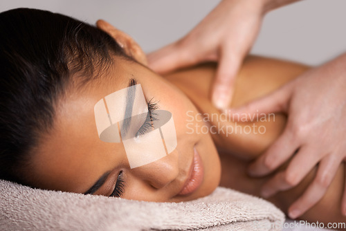 Image of Girl, sleep or hands for massage in spa to relax for zen resting, wellness or luxury physical therapy. Spine or face of woman in salon for body healing, sleeping or natural holistic detox by masseuse