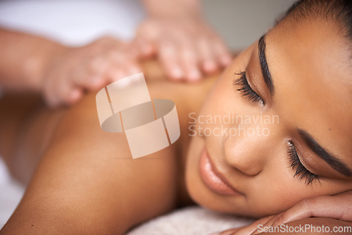 Image of Woman, sleeping or hands for massage in hotel spa to relax for zen resting or wellness physical therapy. Face closeup of girl client in salon for body healing or natural holistic detox by masseuse