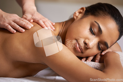 Image of Woman, eyes closed or hands for massage in salon to relax for zen resting or wellness physical therapy. Face of girl in spa for body healing, sleeping or natural holistic detox by masseuse