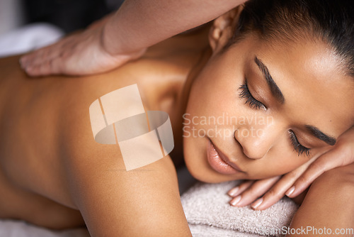 Image of Girl, face or hands for back massage in salon to relax for zen resting or wellness in physical therapy healing. Closeup of calm woman in spa for sleeping or natural holistic body detox by masseuse