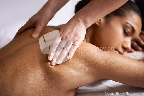 Image of Girl, eyes closed or hands for back massage in salon to relax for zen resting or wellness physical therapy. Closeup of woman in spa for body healing, sleeping or natural holistic detox by masseuse