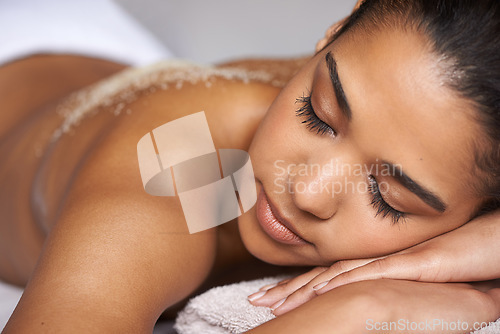 Image of Girl, body scrub or back massage in spa to relax for zen, sleeping or wellness physical therapy in resort. Relaxed woman or female client in beauty salon to exfoliate for luxury skincare treatment