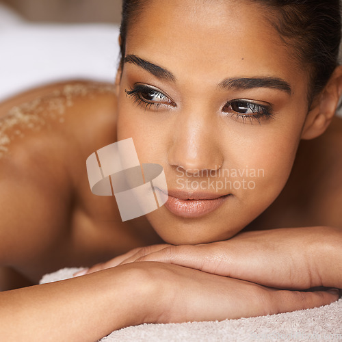 Image of Woman thinking, body scrub or face of client in spa to relax for zen healing or wellness physical therapy. Beautiful girl dreaming of beauty salon to exfoliate for luxury skincare treatment or detox