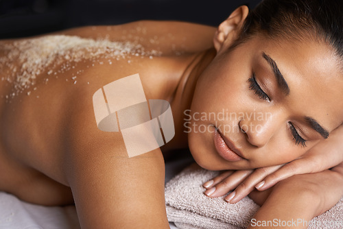 Image of Girl sleeping, body scrub or back massage to relax for zen resting or wellness physical therapy in spa. Relaxed female client in salon to exfoliate for luxury skincare treatment or beauty therapy