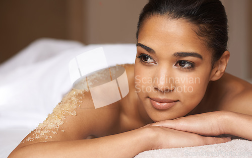 Image of Woman thinking, body scrub or massage in spa to relax for zen healing or wellness physical therapy. Thoughtful face of calm girl dreaming of salon to exfoliate for luxury skincare treatment or beauty