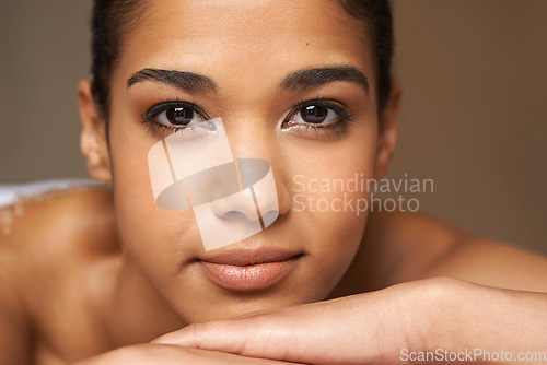 Image of Face portrait, beauty or massage for woman to relax for resting, zen calm or wellness physical therapy in spa. Zoom of girl client in hotel salon to exfoliate for healthy skincare healing treatment