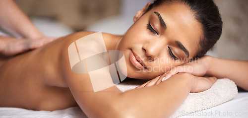 Image of Woman, eyes closed or hands for massage in hotel spa to relax for zen resting or wellness physical therapy. Face of girl in salon for body healing, sleeping or natural holistic detox by masseuse