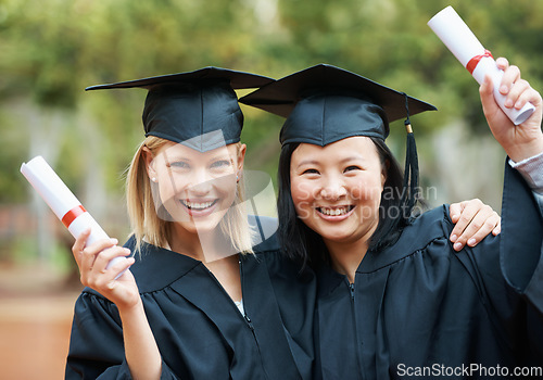 Image of Graduation, girl friends portrait and study diploma of students with happy face outdoor. Celebrating, female student and campus graduate with happiness and college achievement with diversity and toga