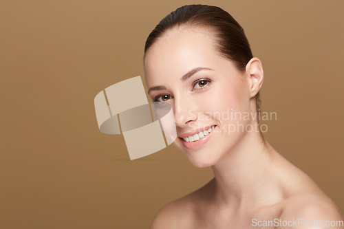 Image of Mockup, portrait and woman with beauty, dermatology and confident against a brown studio background. Face, female person and girl with cosmetics, skincare and luxury with salon treatment and wellness