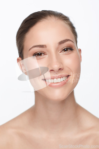 Image of Portrait, skincare and woman with cosmetics, beauty and happiness isolated against a white studio background. Face, female person and girl with salon treatment, grooming and luxury with dermatology