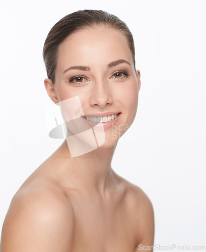 Image of Portrait, smile and woman with beauty, dermatology and self care isolated against a white studio background. Face, female person and model with happiness, grooming and wellness with salon treatment