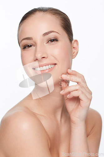 Image of Portrait, skincare and woman with beauty, luxury and happy girl isolated against a white studio background. Face, female person or model with dermatology, salon treatment and grooming with confidence