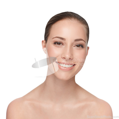 Image of Portrait, beauty and woman with a smile, dermatology and cosmetics isolated against a white studio background. Face, female person and model with happiness, grooming and salon treatment with luxury