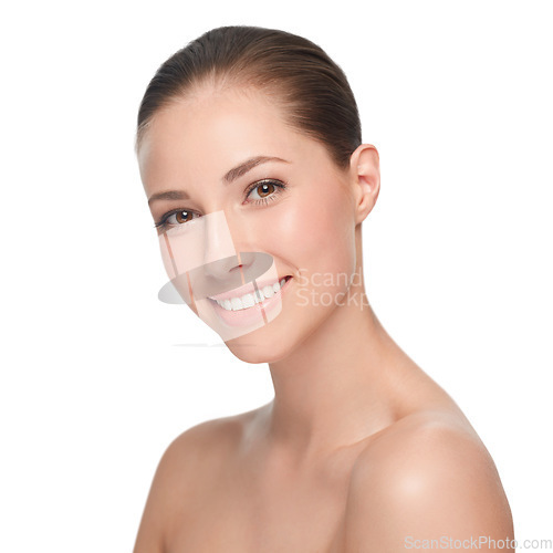 Image of Portrait, beauty and woman with cosmetics, smile and girl isolated against a white studio background. Face, female person and model with self care, grooming routine and dermatology with healthy skin