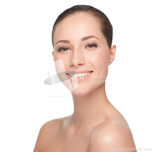 Image of Portrait, beauty and woman with luxury, cosmetics and confident girl isolated against a white studio background. Face, female person and model with self care, bare and dermatology with healthy skin