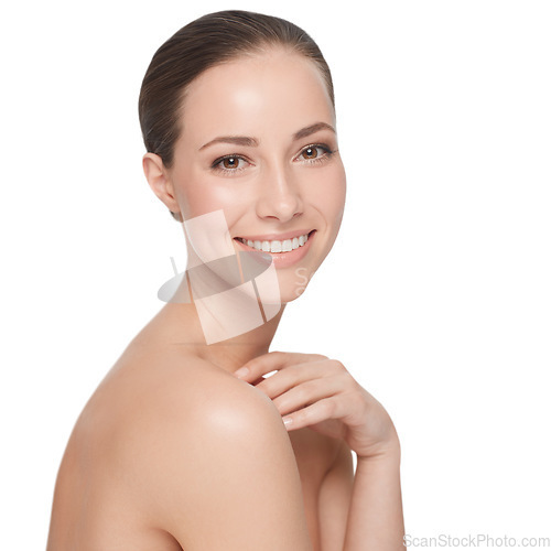 Image of Portrait, luxury and woman with beauty, dermatology and self care isolated against a white studio background. Face, female person and model with a smile, organic facial and bare with grooming routine