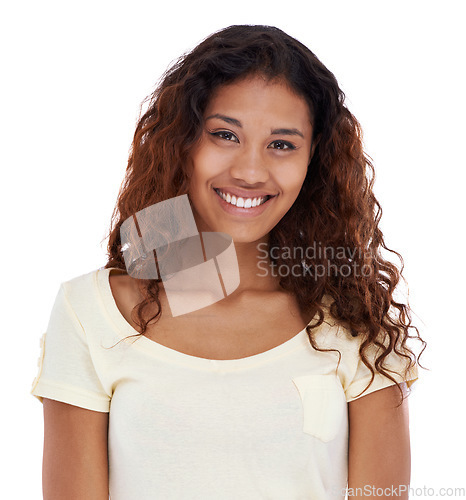 Image of Natural beauty, face and a portrait of a woman in studio for smile, skincare and dermatology. Headshot of a real female person from Costa Rica isolated on a white background with happiness and curls