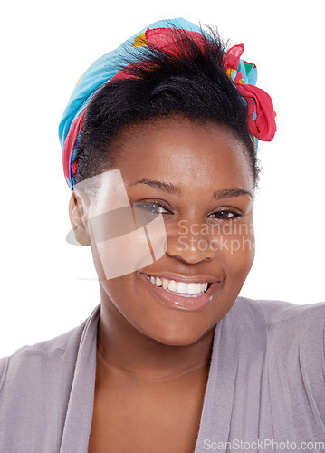 Image of Black woman, face and natural beauty portrait in studio for facial shine, skin care and cosmetics. Happy headshot of a real African female person isolated on a white background with smile for closeup