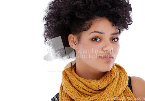 Image of Natural face, beauty and portrait of a woman in studio for facial shine, skincare and dermatology. Headshot of a real female person from London isolated on a white background with mockup space