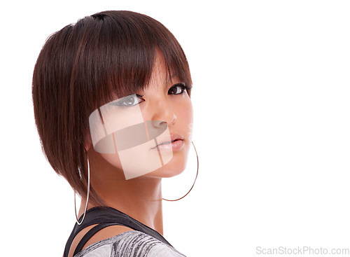 Image of Beauty, face and portrait of woman in studio with makeup, cosmetics and skin glow. Headshot of young female model person from South Africa isolated on a white background with shine, mockup and space