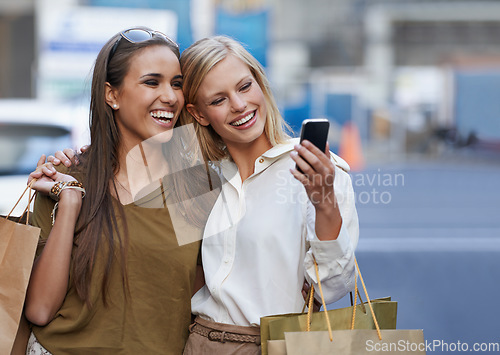 Image of Shopping hug, city selfie and happy friends, women or people with photo memory of urban market spree. Retail product deal, fashion discount promotion and stylish female customer with designer clothes