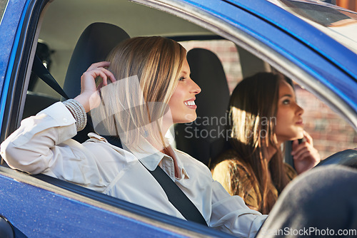 Image of Car road trip, travel and friends smile, happy and on street journey, adventure or waiting in outdoor city traffic. Automobile transportation, relax driver and people driving in mobile vehicle