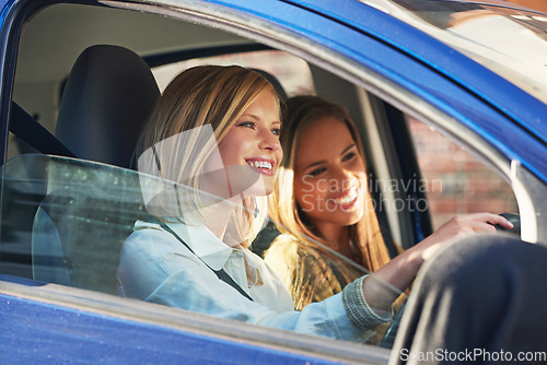 Image of Car travel, traffic and friends smile, happy and on urban city journey, transport or street road trip in motor vehicle. Automobile transportation, adventure and driving woman looking at destination