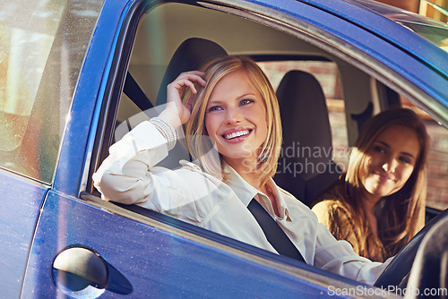 Image of Car, travel and friends smile, happy and on urban city journey, transport or street road trip in motor vehicle. Automobile transportation, driver happiness and driving woman looking at window view