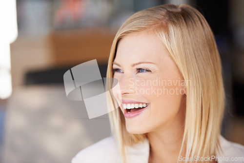 Image of Laughing, beauty and face of a funny woman with natural makeup, cosmetic and glow. Female model person thinking of space or idea for happiness, comic mindset and confidence for headshot or motivation