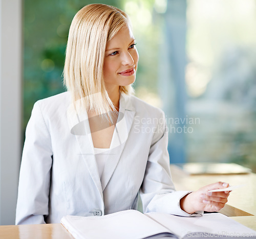 Image of Business woman, shopping and credit card at reception in shop or retail store. Buying, female person and plastic money for financial purchase, customer payment and transaction in boutique or mall.