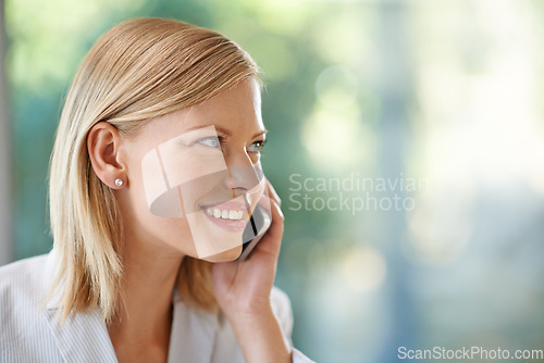 Image of Smile, phone call and profile of business woman listening, speaking or talking with mockup. Cellphone, communication and female professional thinking, networking or conversation or discussion outdoor